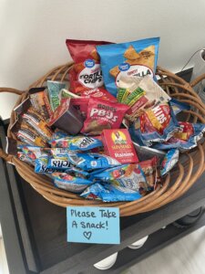 Wicker basket filled with snacks