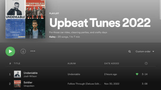 Screenshot of spotify playlist titled "Upbeat Tunes 2022"
