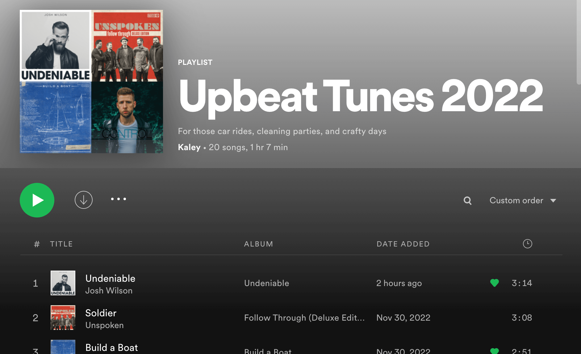 Screenshot of spotify playlist titled "Upbeat Tunes 2022"